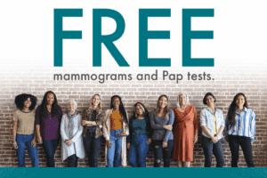 women standing against brick wall for flyer promoting free mammograms and pap tests