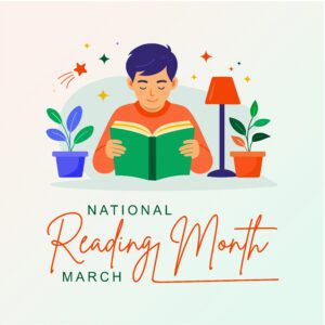 National Reading Month. March. March is National Reading Month background with a boy reading a book