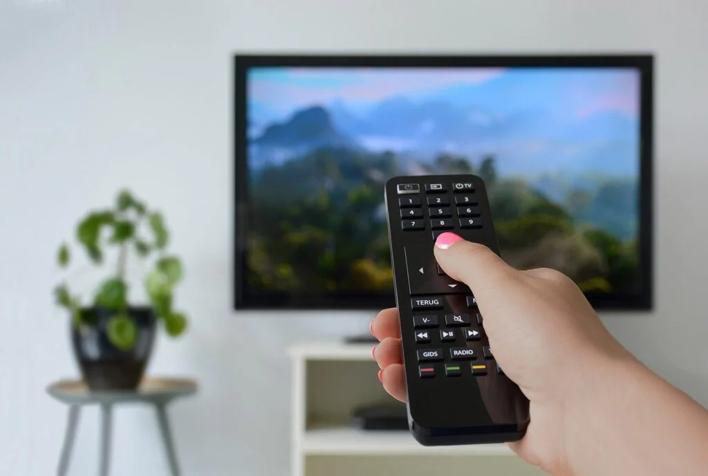 woman's hand holding the TV remote - Native Reach